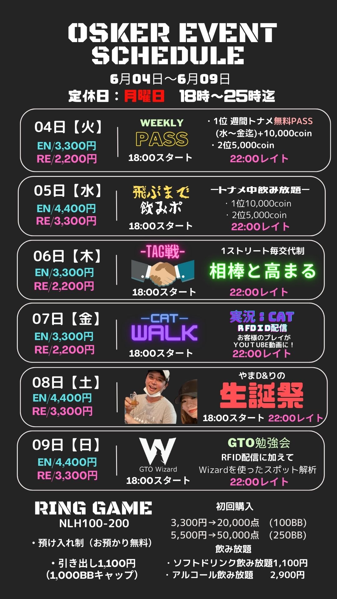 6月突入！木曜はTAG戦が参入！1ストリート毎交代で相棒と高め合う一日！この形式が一番好きという方は多いはず！週末には【やまDさん&りのさん】合同誕生日会！共に生きよう！